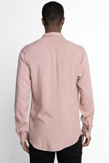Slim Fit Uzun Kollu Dar Kesim Dökümlü Viskon Şık Erkek Pembe Gömlek