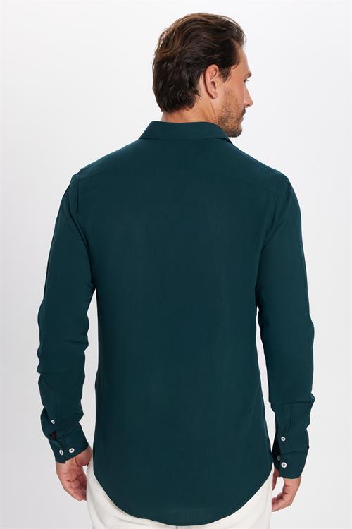 Slim Fit Uzun Kollu Dar Kesim Dökümlü Viskon Şık Erkek Yeşil Gömlek