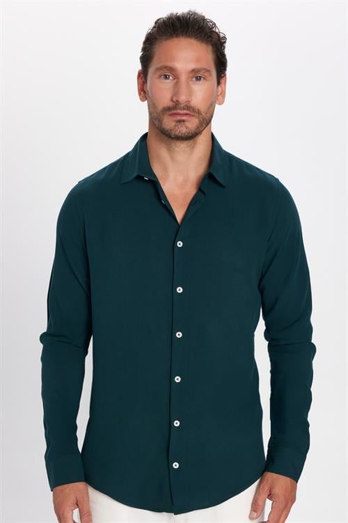 Slim Fit Uzun Kollu Dar Kesim Dökümlü Viskon Şık Erkek Yeşil Gömlek