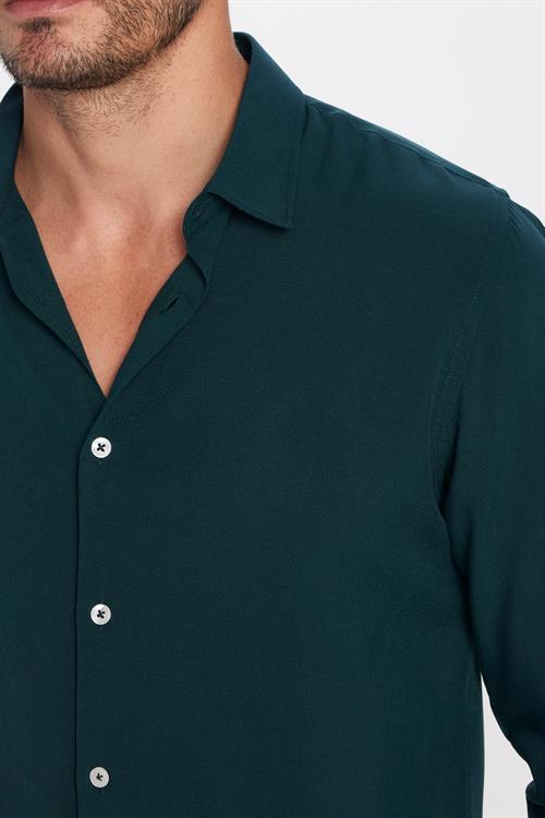 Slim Fit Uzun Kollu Dar Kesim Dökümlü Viskon Şık Erkek Yeşil Gömlek
