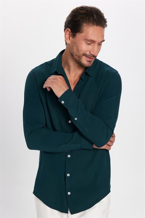 Slim Fit Uzun Kollu Dar Kesim Dökümlü Viskon Şık Erkek Yeşil Gömlek