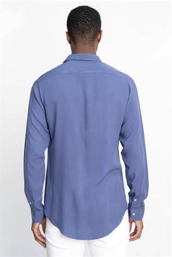 Slim Fit Uzun Kollu Dar Kesim Dökümlü Viskon Şık Erkek İndigo Gömlek