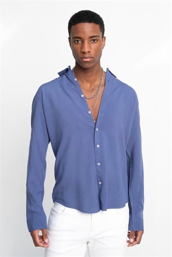 Slim Fit Uzun Kollu Dar Kesim Dökümlü Viskon Şık Erkek İndigo Gömlek