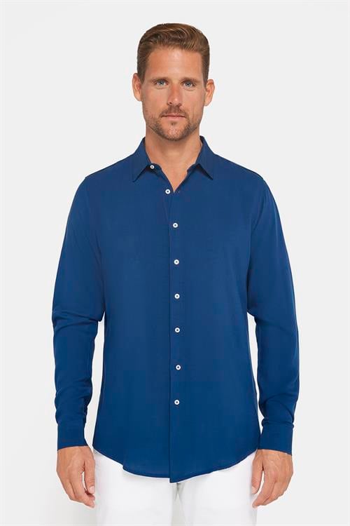 Slim Fit Uzun Kollu Dar Kesim Dökümlü Viskon Şık Erkek Lacivert Gömlek