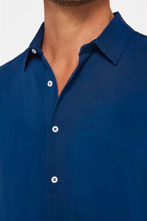 Slim Fit Uzun Kollu Dar Kesim Dökümlü Viskon Şık Erkek Lacivert Gömlek