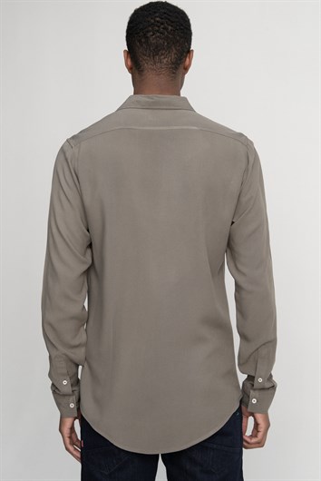 Slim Fit Uzun Kollu Dar Kesim Dökümlü Viskon Şık Erkek Haki Gömlek