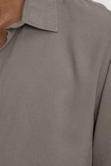 Slim Fit Uzun Kollu Dar Kesim Dökümlü Viskon Şık Erkek Haki Gömlek