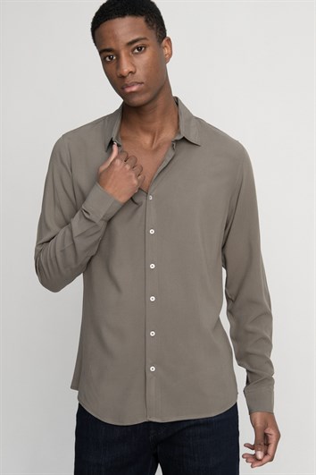 Slim Fit Uzun Kollu Dar Kesim Dökümlü Viskon Şık Erkek Haki Gömlek