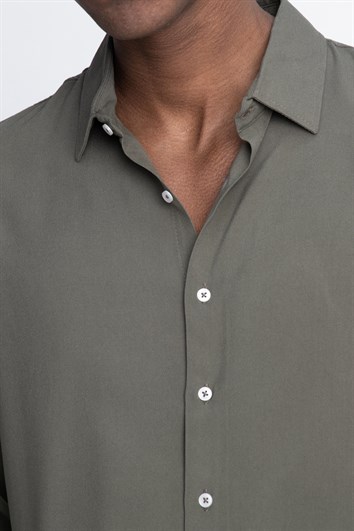 Slim Fit Uzun Kollu Dar Kesim Dökümlü Viskon Şık Erkek Yeşil Gömlek