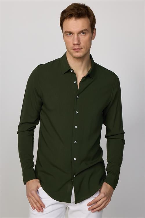 Slim Fit Uzun Kollu Dar Kesim Dökümlü Viskon Şık Haki Erkek Gömlek