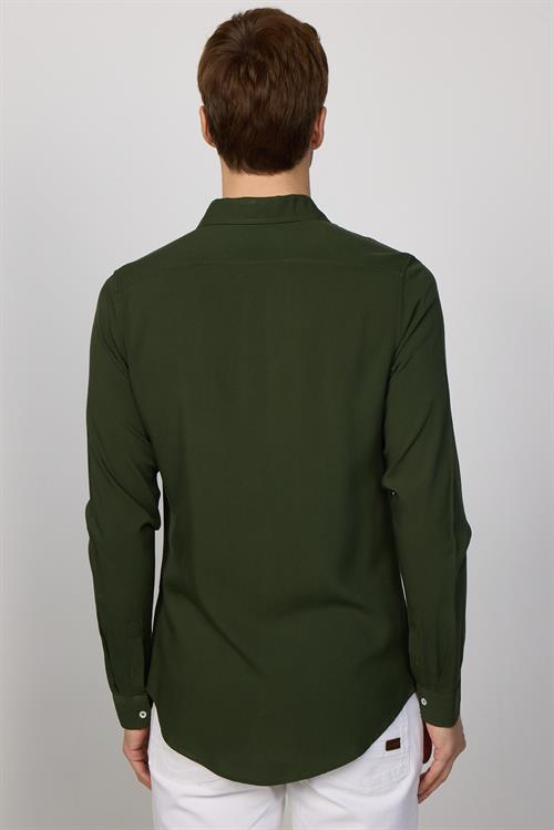 Slim Fit Uzun Kollu Dar Kesim Dökümlü Viskon Şık Haki Erkek Gömlek