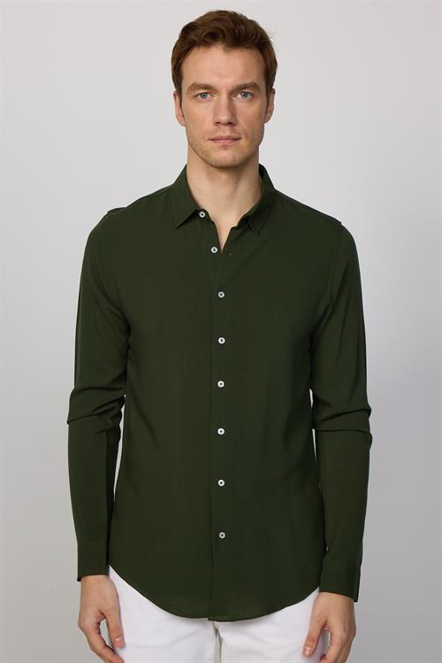 Slim Fit Uzun Kollu Dar Kesim Dökümlü Viskon Şık Haki Erkek Gömlek