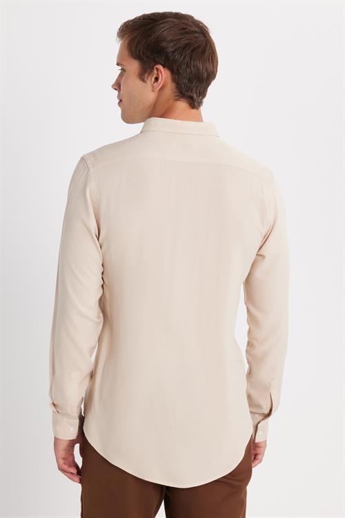 Slim Fit Uzun Kollu Dar Kesim Dökümlü Viskon Şık Taş Rengi Erkek Gömlek