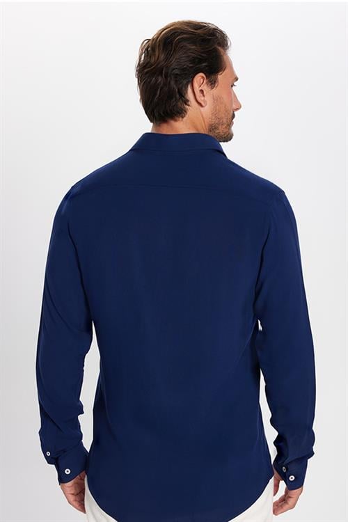 Slim Fit Uzun Kollu Dar Kesim Dökümlü Viskon Şık Lacivert Erkek Gömlek