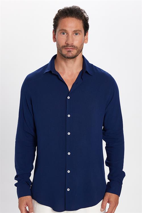 Slim Fit Uzun Kollu Dar Kesim Dökümlü Viskon Şık Lacivert Erkek Gömlek
