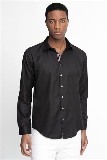 Slim Fit Uzun Kollu Oxford Doku Biyeli Erkek Siyah Gömlek