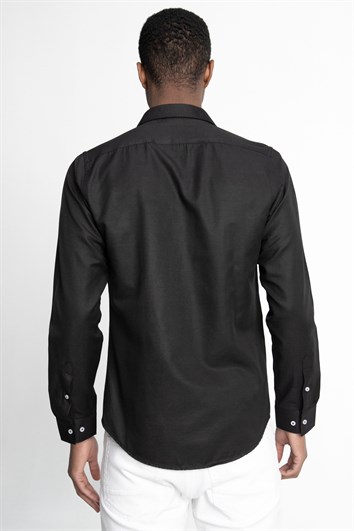 Slim Fit Uzun Kollu Oxford Doku Biyeli Erkek Siyah Gömlek