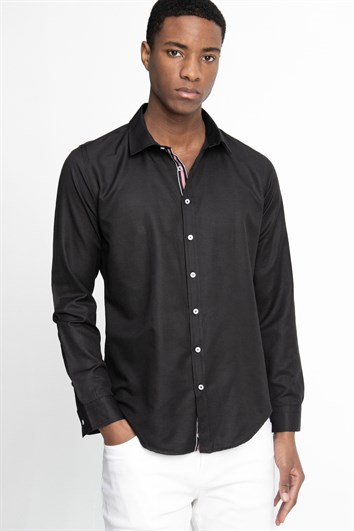 Slim Fit Uzun Kollu Oxford Doku Biyeli Erkek Siyah Gömlek