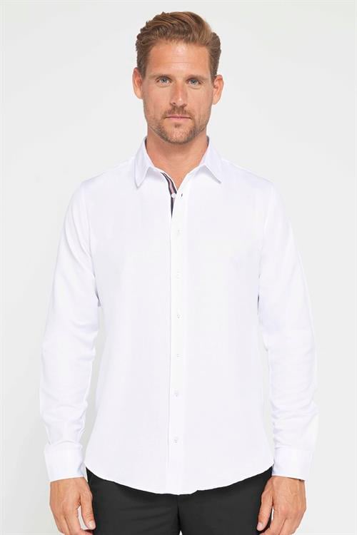 Slim Fit Uzun Kollu Oxford Doku Biyeli Erkek Beyaz Gömlek