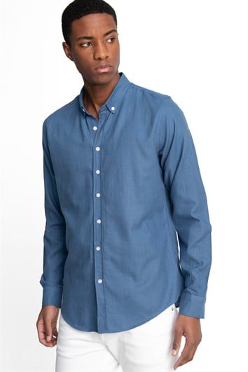 Erkek Slim Fit Dar Kesim %100 Pamuk Keten Doku Düğmeli Yaka Indigo Gömlek