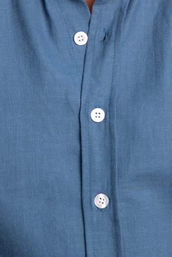 Erkek Slim Fit Dar Kesim %100 Pamuk Keten Doku Düğmeli Yaka Indigo Gömlek