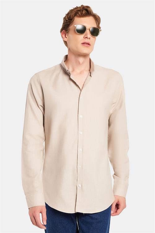 Erkek Slim Fit Dar Kesim %100 Pamuk Keten Doku Düğmeli Yaka Taş Renk Gömlek