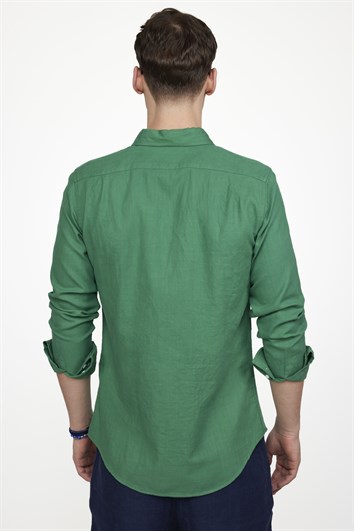 Erkek Slim Fit Dar Kesim %100 Pamuk Keten Doku Düğmeli Yaka Yeşil Gömlek