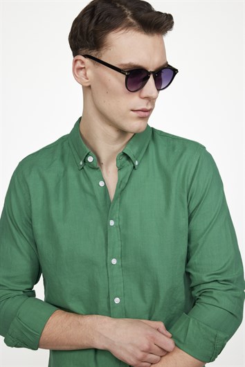 Erkek Slim Fit Dar Kesim %100 Pamuk Keten Doku Düğmeli Yaka Yeşil Gömlek