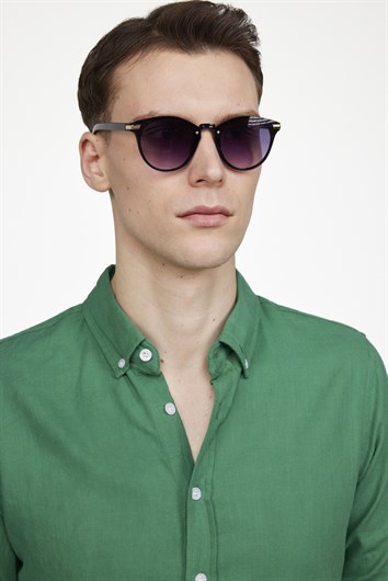Erkek Slim Fit Dar Kesim %100 Pamuk Keten Doku Düğmeli Yaka Yeşil Gömlek