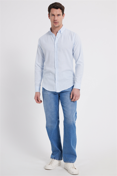 Erkek Slim Fit Dar Kesim %100 Pamuk Keten Doku Düğmeli Yaka Mavi Gömlek