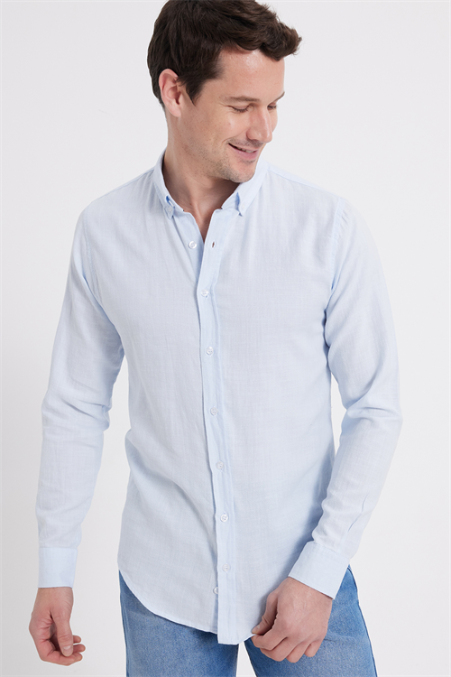 Erkek Slim Fit Dar Kesim %100 Pamuk Keten Doku Düğmeli Yaka Mavi Gömlek