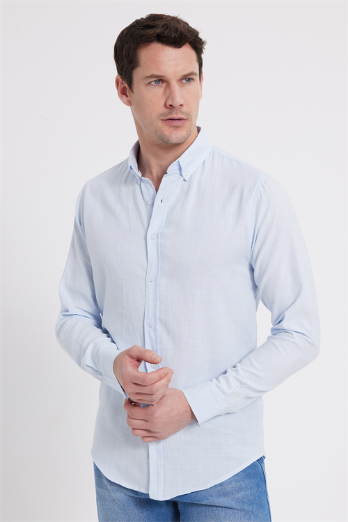 Erkek Slim Fit Dar Kesim %100 Pamuk Keten Doku Düğmeli Yaka Mavi Gömlek
