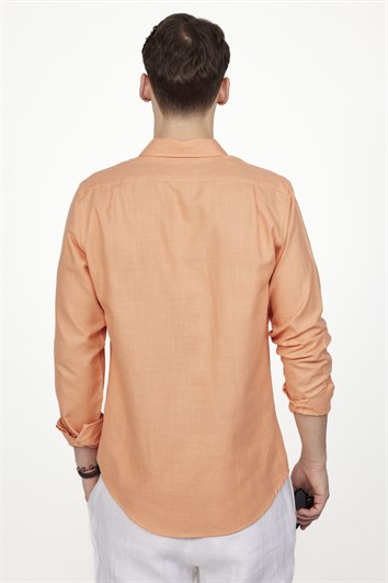 Erkek Slim Fit Dar Kesim %100 Pamuk Keten Doku Düğmeli Yaka Turuncu Gömlek