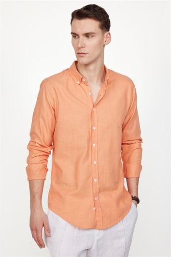 Erkek Slim Fit Dar Kesim %100 Pamuk Keten Doku Düğmeli Yaka Turuncu Gömlek