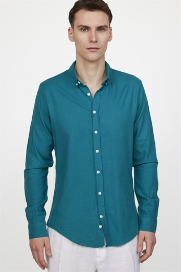 Erkek Slim Fit Dar Kesim %100 Pamuk Keten Doku Düğmeli Yaka Petrol Renk Gömlek
