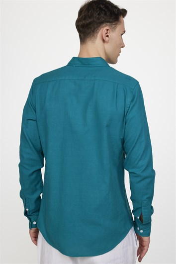 Erkek Slim Fit Dar Kesim %100 Pamuk Keten Doku Düğmeli Yaka Petrol Renk Gömlek