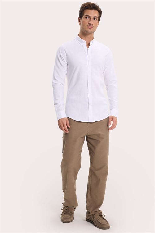 Erkek Slim Fit Dar Kesim %100 Pamuk Keten Doku Düğmeli Yaka Beyaz Gömlek