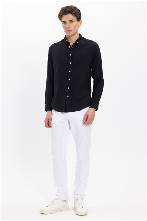 Erkek Slim Fit Dar Kesim %100 Pamuk Keten Doku Düğmeli Yaka Siyah Gömlek
