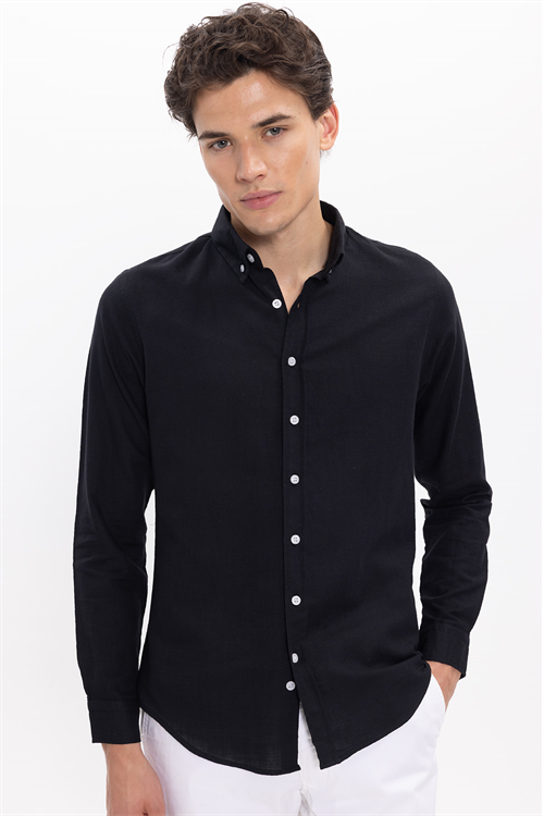 Erkek Slim Fit Dar Kesim %100 Pamuk Keten Doku Düğmeli Yaka Siyah Gömlek