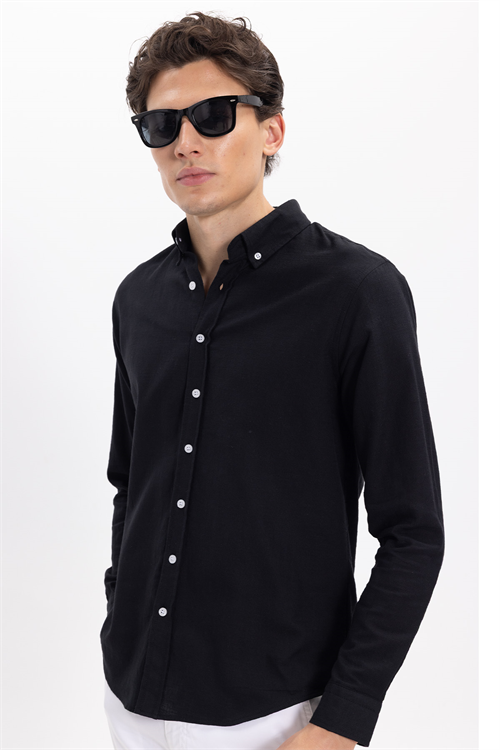 Erkek Slim Fit Dar Kesim %100 Pamuk Keten Doku Düğmeli Yaka Siyah Gömlek