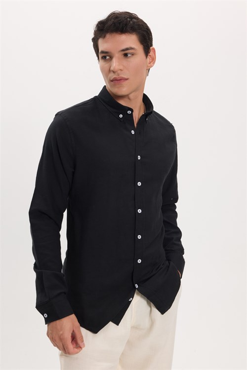 Erkek Slim Fit Dar Kesim %100 Pamuk Keten Doku Düğmeli Yaka Siyah Gömlek