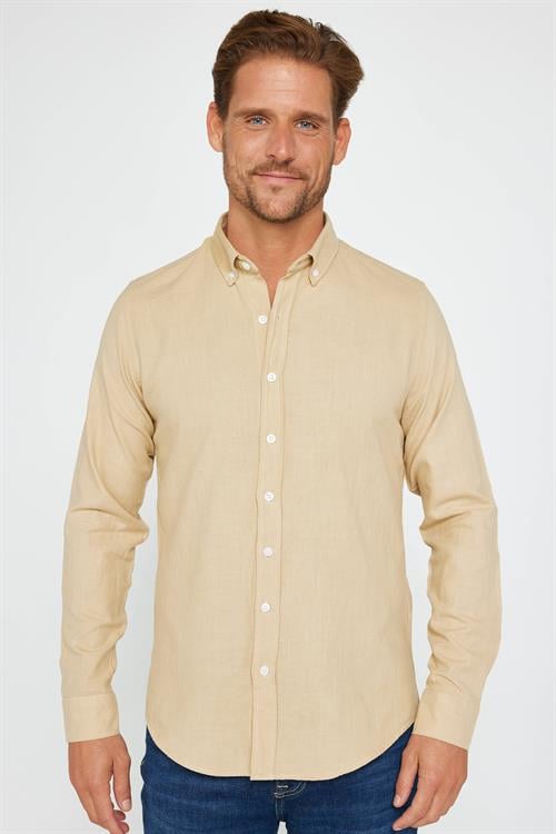 Erkek Slim Fit Dar Kesim %100 Pamuk Keten Doku Düğmeli Yaka Bej Gömlek