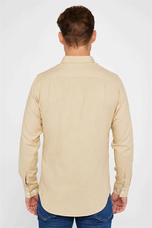Erkek Slim Fit Dar Kesim %100 Pamuk Keten Doku Düğmeli Yaka Bej Gömlek