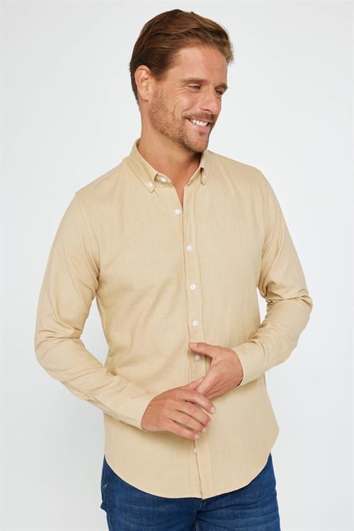 Erkek Slim Fit Dar Kesim %100 Pamuk Keten Doku Düğmeli Yaka Bej Gömlek