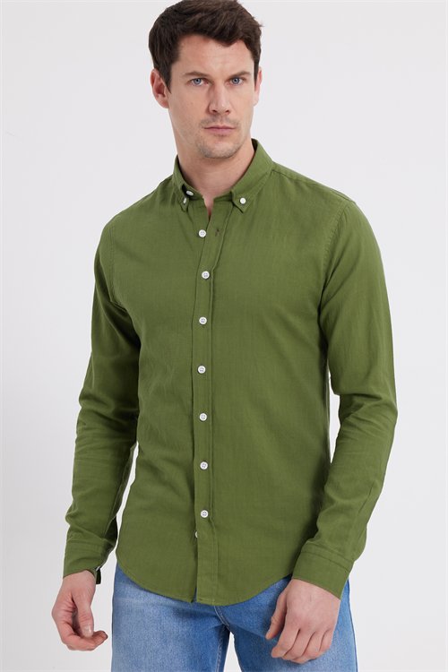Erkek Slim Fit Dar Kesim %100 Pamuk Keten Doku Düğmeli Yaka Haki Gömlek
