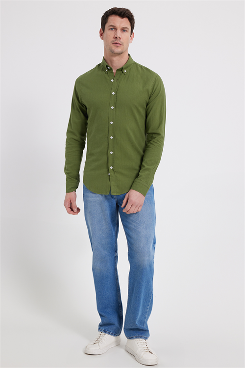 Erkek Slim Fit Dar Kesim %100 Pamuk Keten Doku Düğmeli Yaka Haki Gömlek