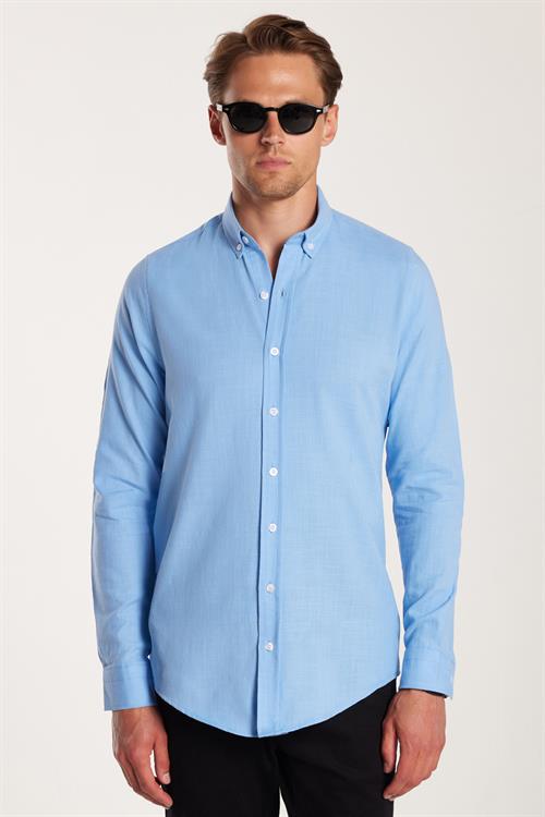 Erkek Slim Fit Dar Kesim %100 Pamuk Keten Doku Düğmeli Yaka Mavi Gömlek