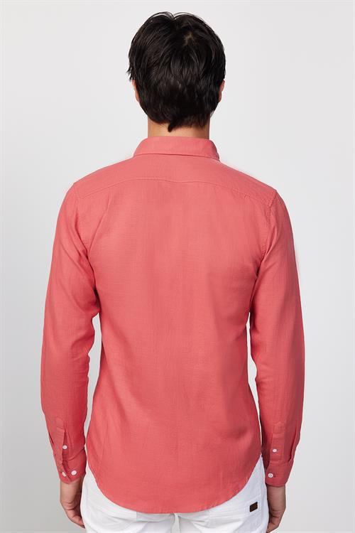 Erkek Slim Fit Dar Kesim %100 Pamuk Keten Doku Düğmeli Yaka Gül Kurusu Renk Gömlek