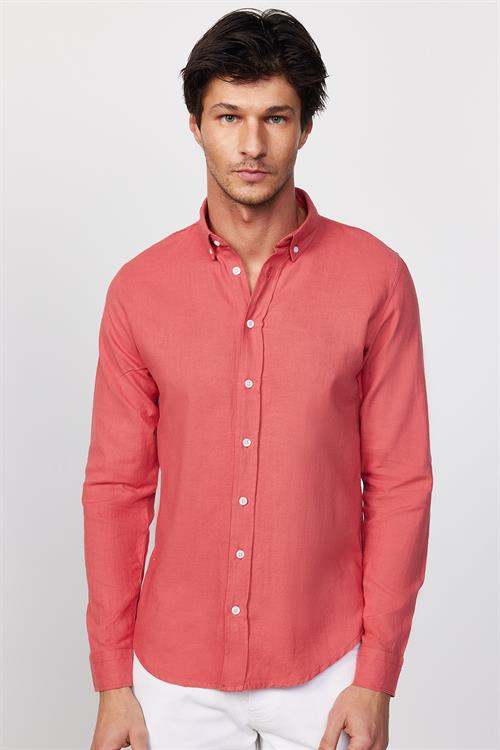 Erkek Slim Fit Dar Kesim %100 Pamuk Keten Doku Düğmeli Yaka Gül Kurusu Renk Gömlek