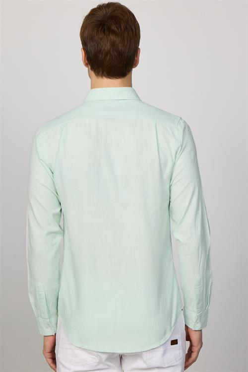 Erkek Slim Fit Dar Kesim %100 Pamuk Keten Doku Düğmeli Yaka Mint Gömlek